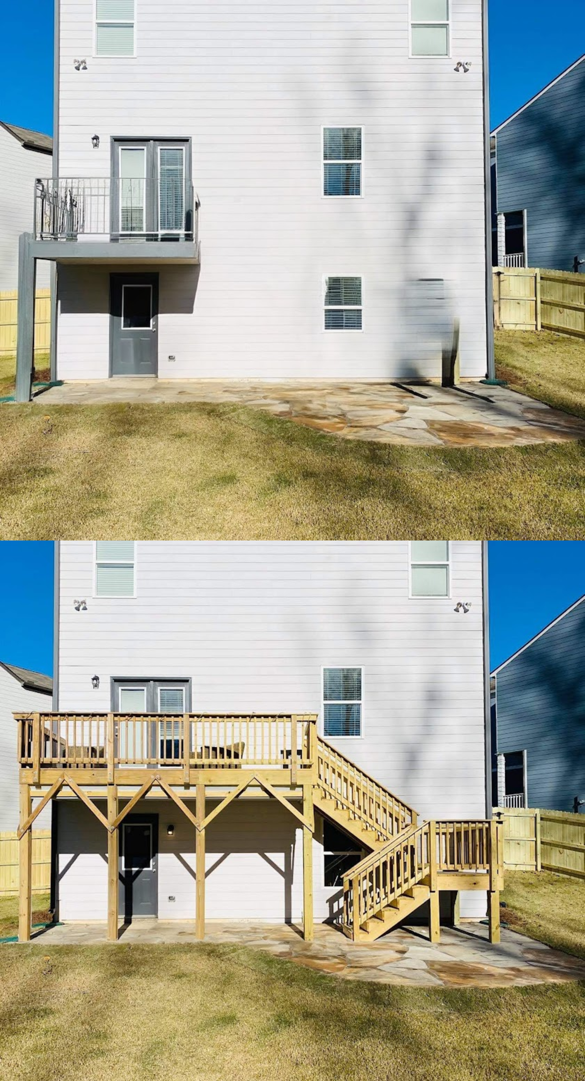 Before and after AI-generated remodel preview of a backyard deck addition